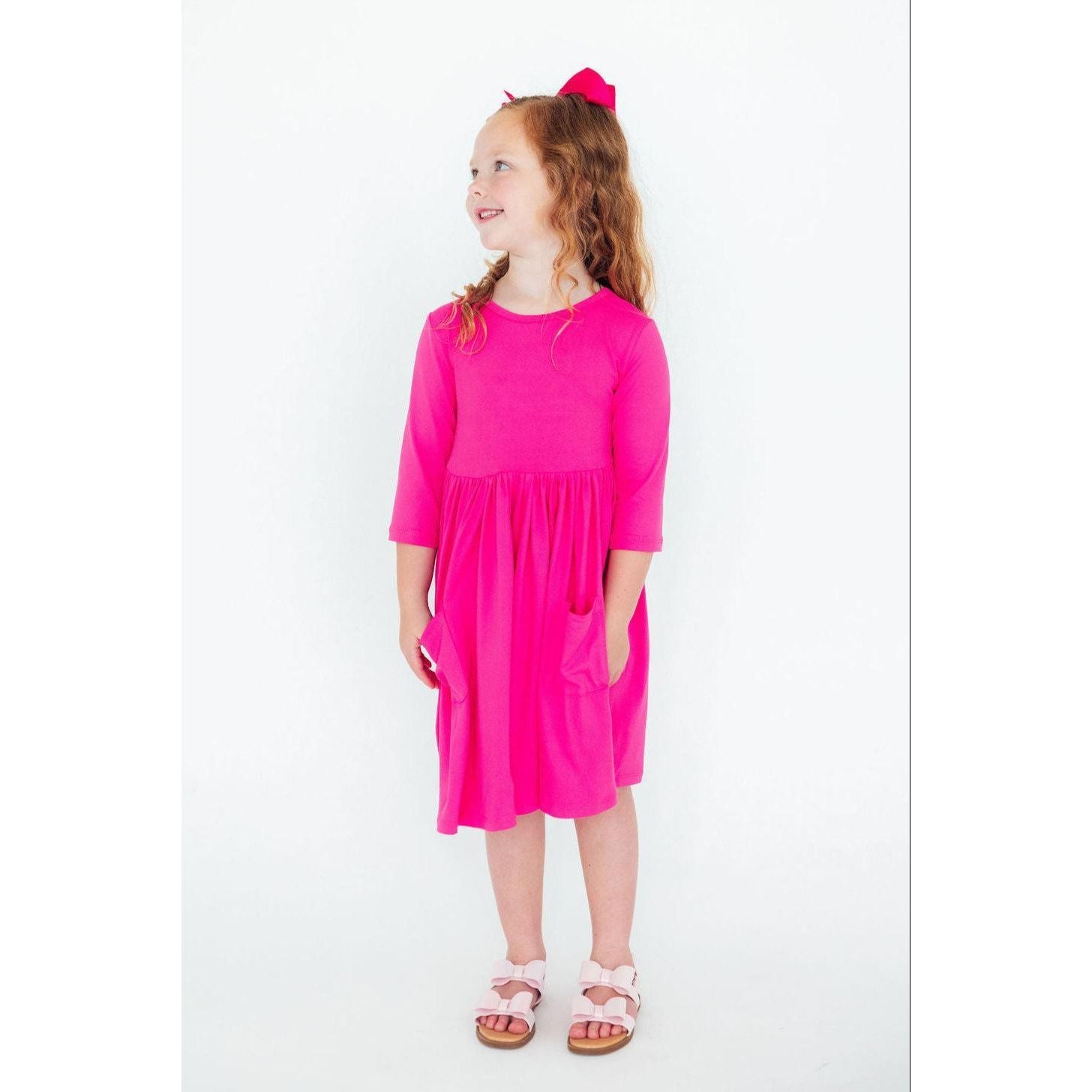 Hot Pink 3/4 Sleeve Pocket Twirl Dress