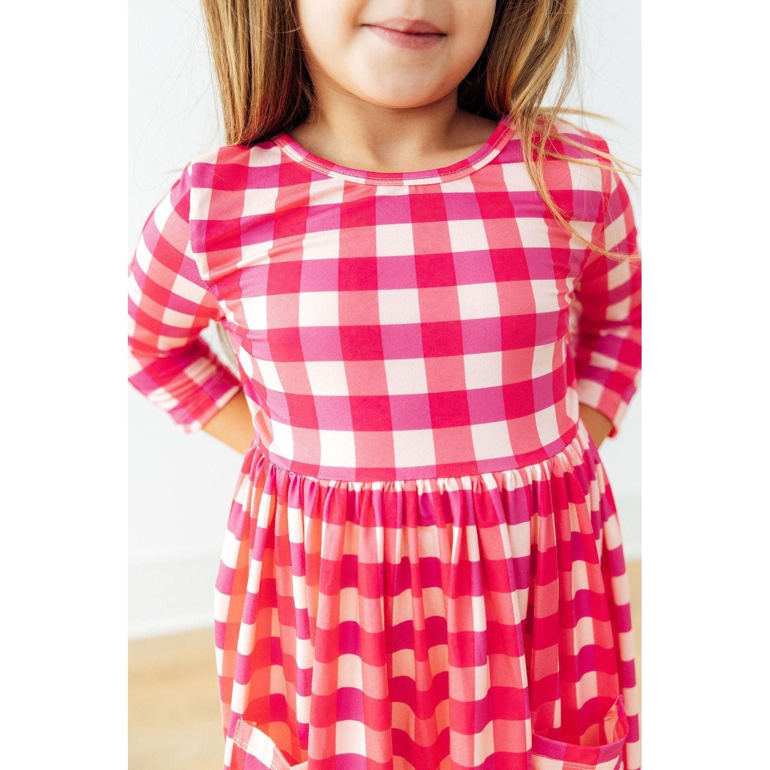 Hot Pink Gingham 3/4 Sleeve Pocket Twirl Dress