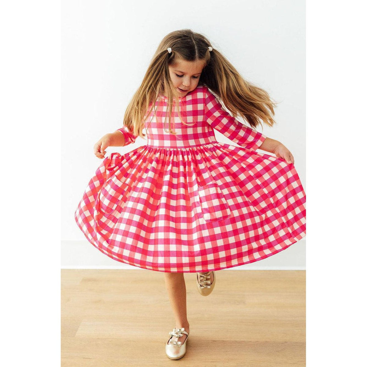 Hot Pink Gingham 3/4 Sleeve Pocket Twirl Dress
