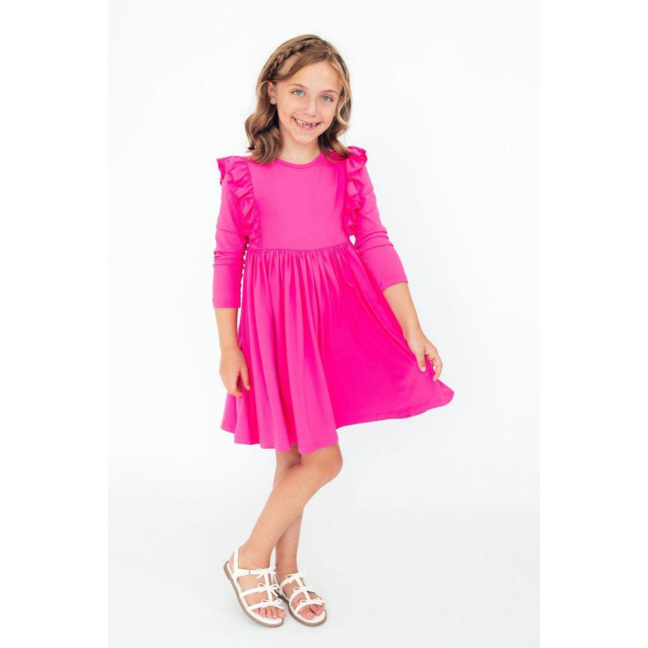 Hot Pink L/S Ruffle Twirl Dress