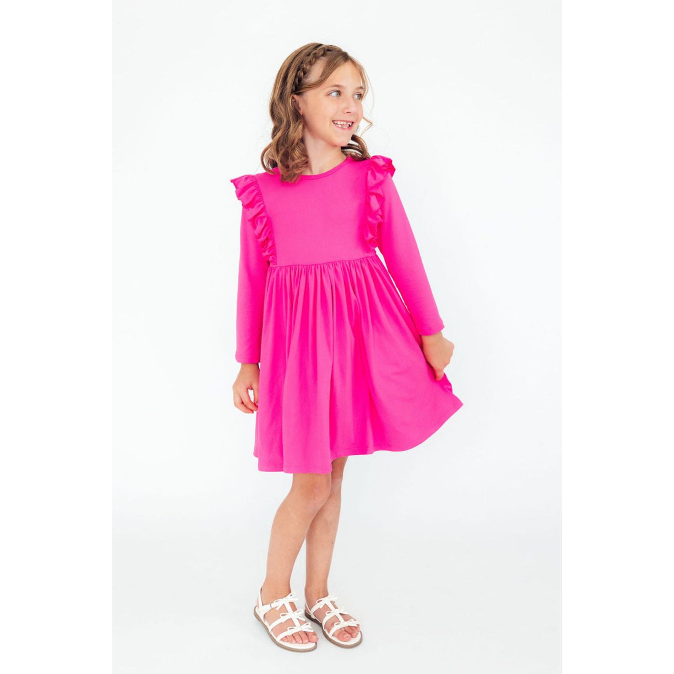 Hot Pink L/S Ruffle Twirl Dress