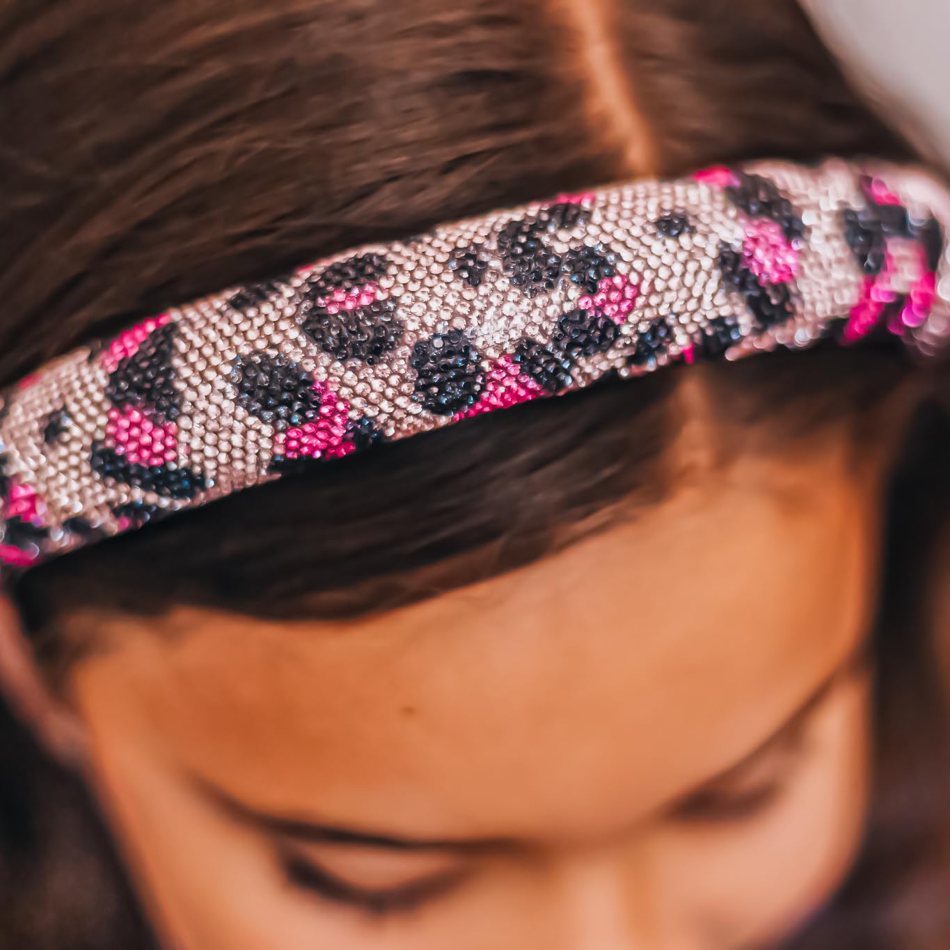 kids pink leopard headband | padded rhinestone hair band for girls