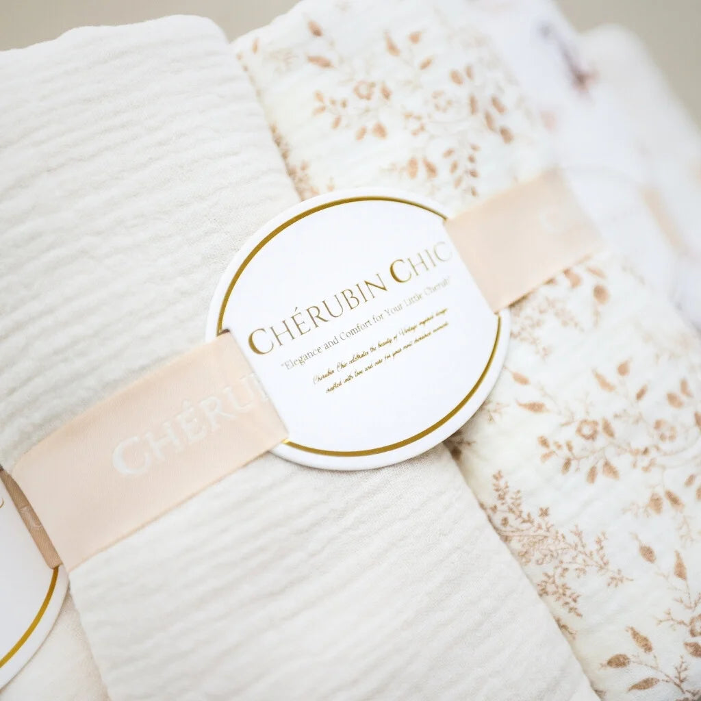 baby bamboo muslin swaddle blanket | beige & floral taupe