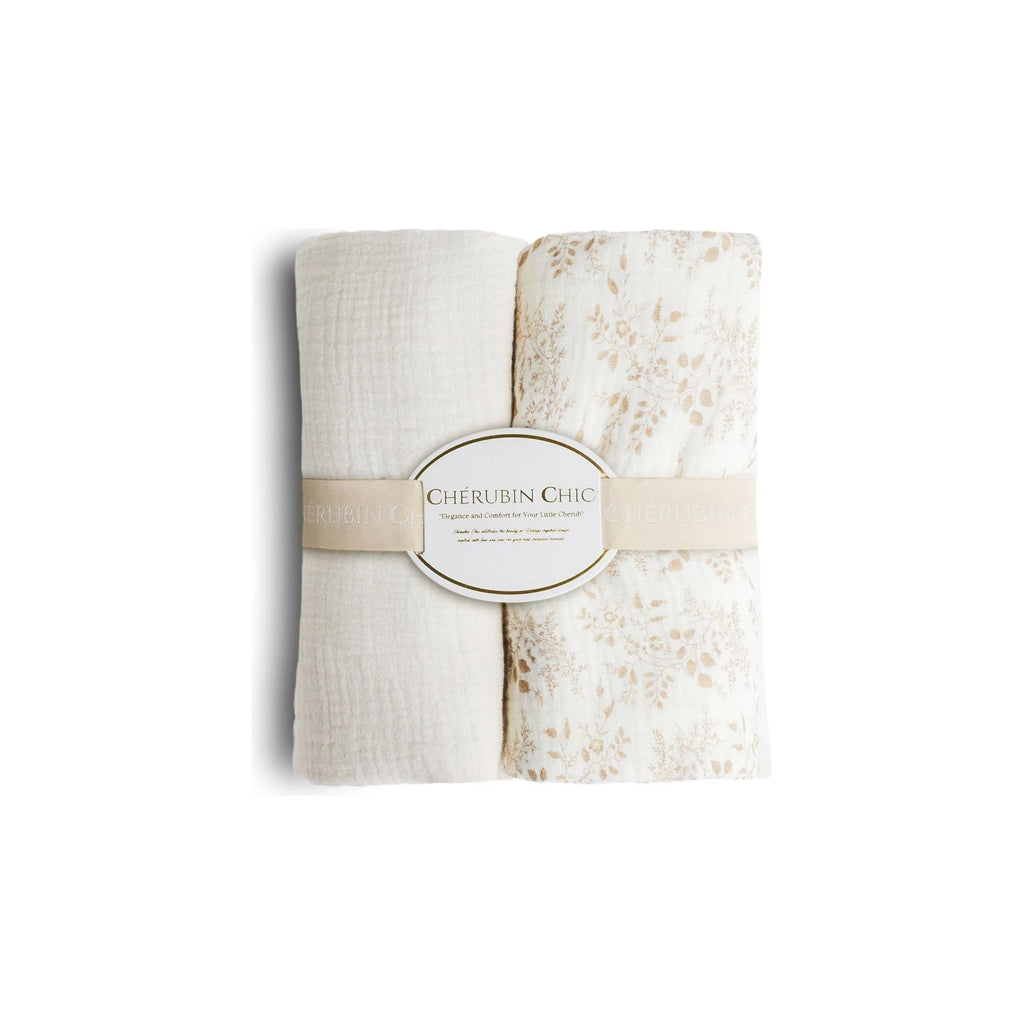 baby bamboo muslin swaddle blanket | Beige & Floral Taupe