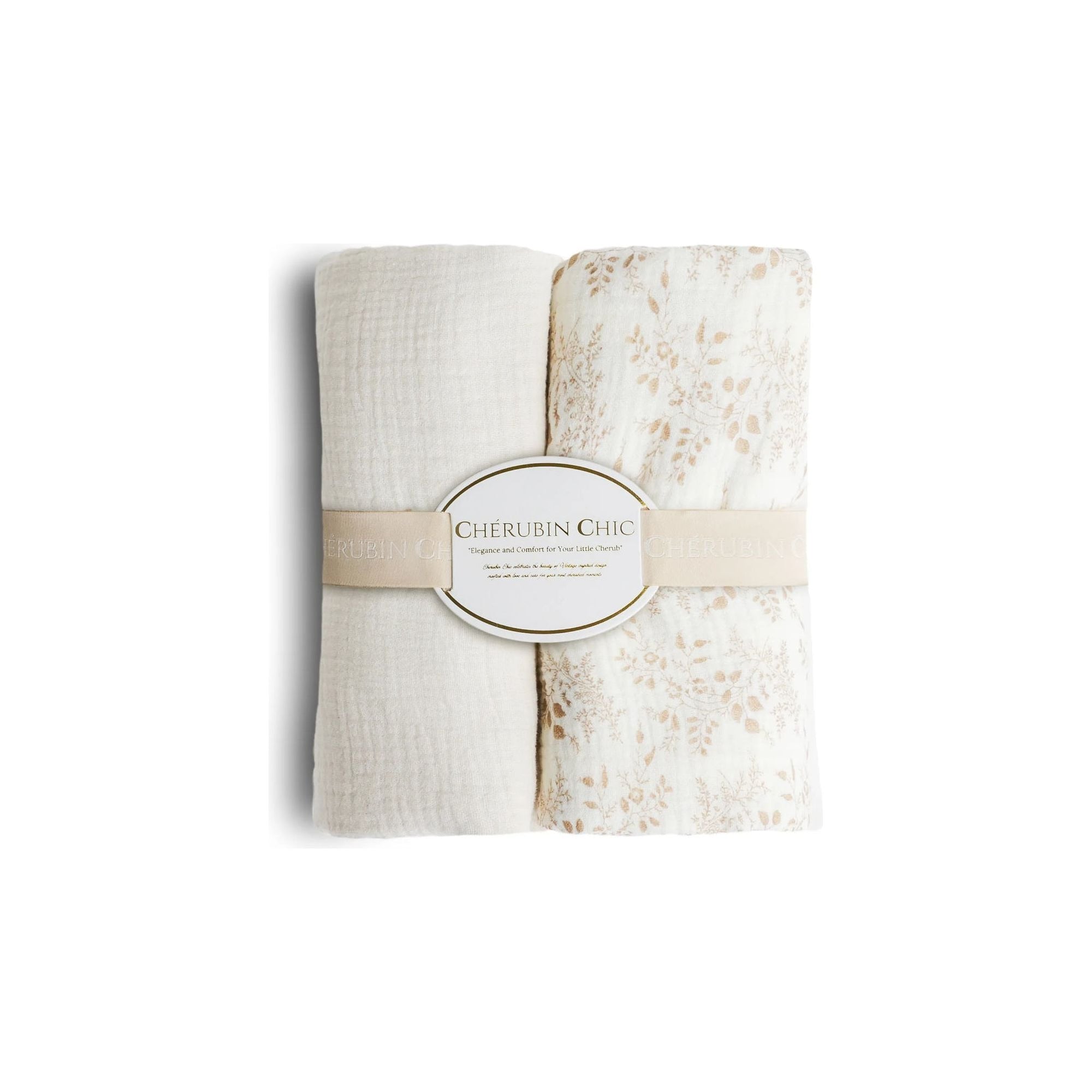 baby bamboo muslin swaddle blanket | beige & floral taupe