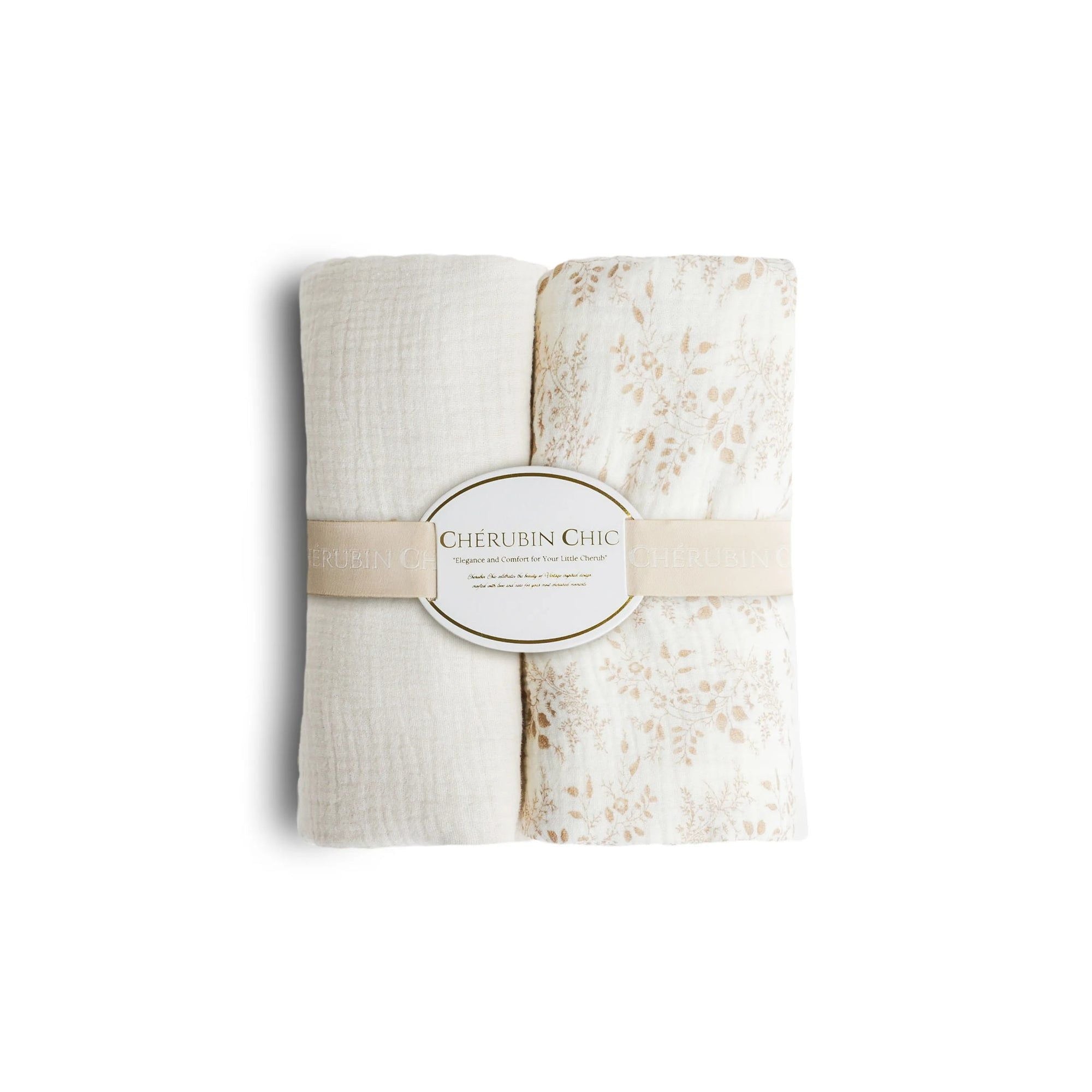 baby bamboo muslin swaddle blanket | beige & floral taupe