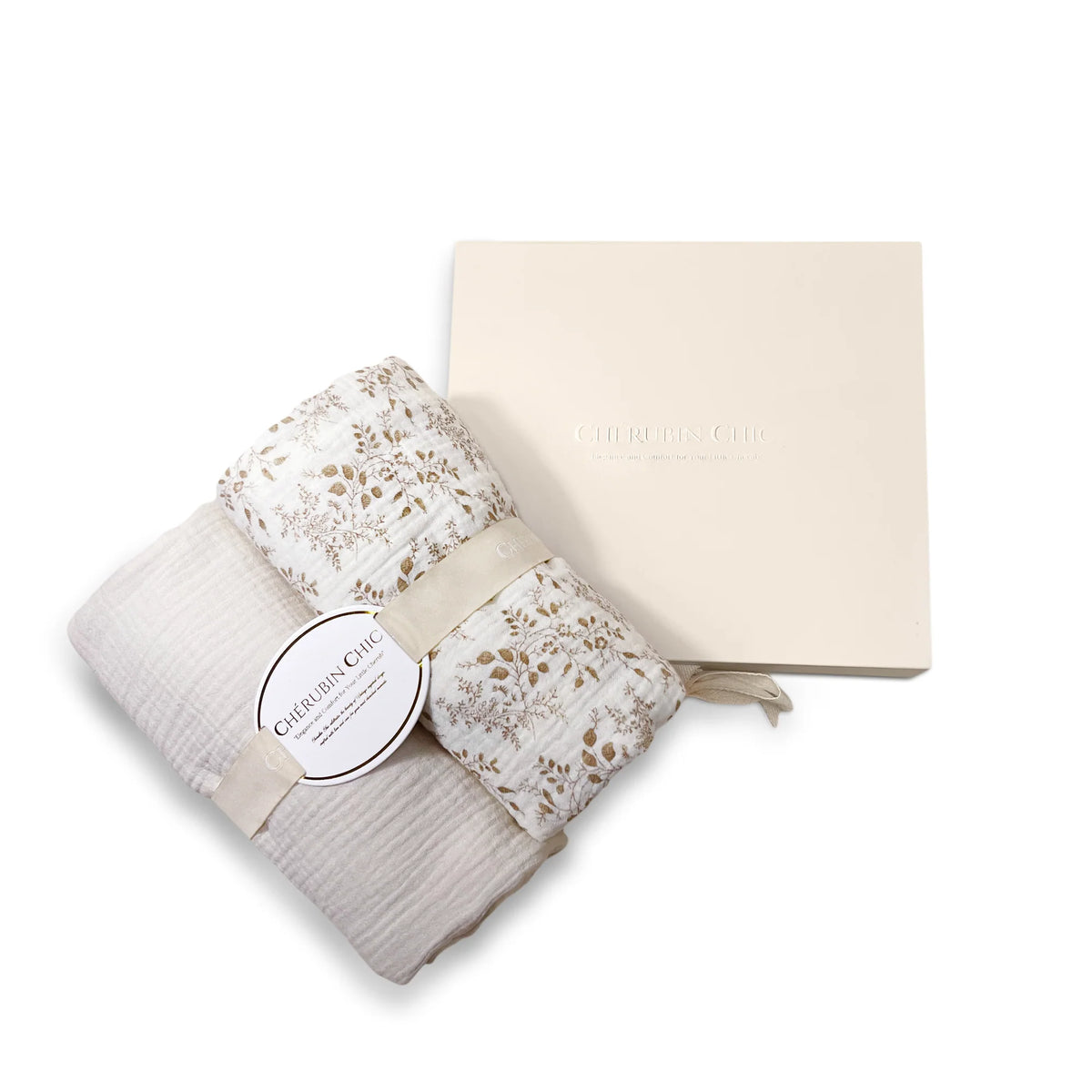 baby bamboo muslin swaddle blanket | beige & floral taupe