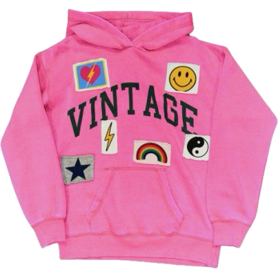 vintage pullover hoodie with patches | pink