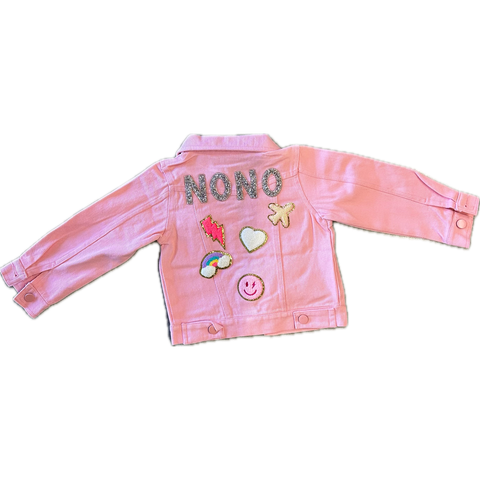 pink custom patched denim jacket