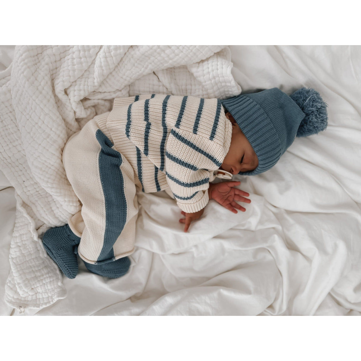 Knit Striped Pants  - Cream & Denim Blue