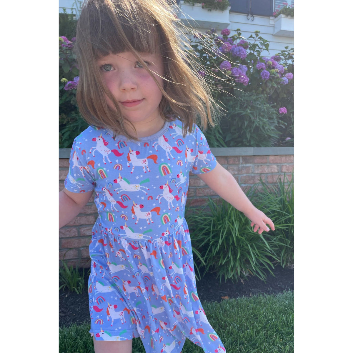 Stretchy Short Sleeve Twirl Dress - Unicorns