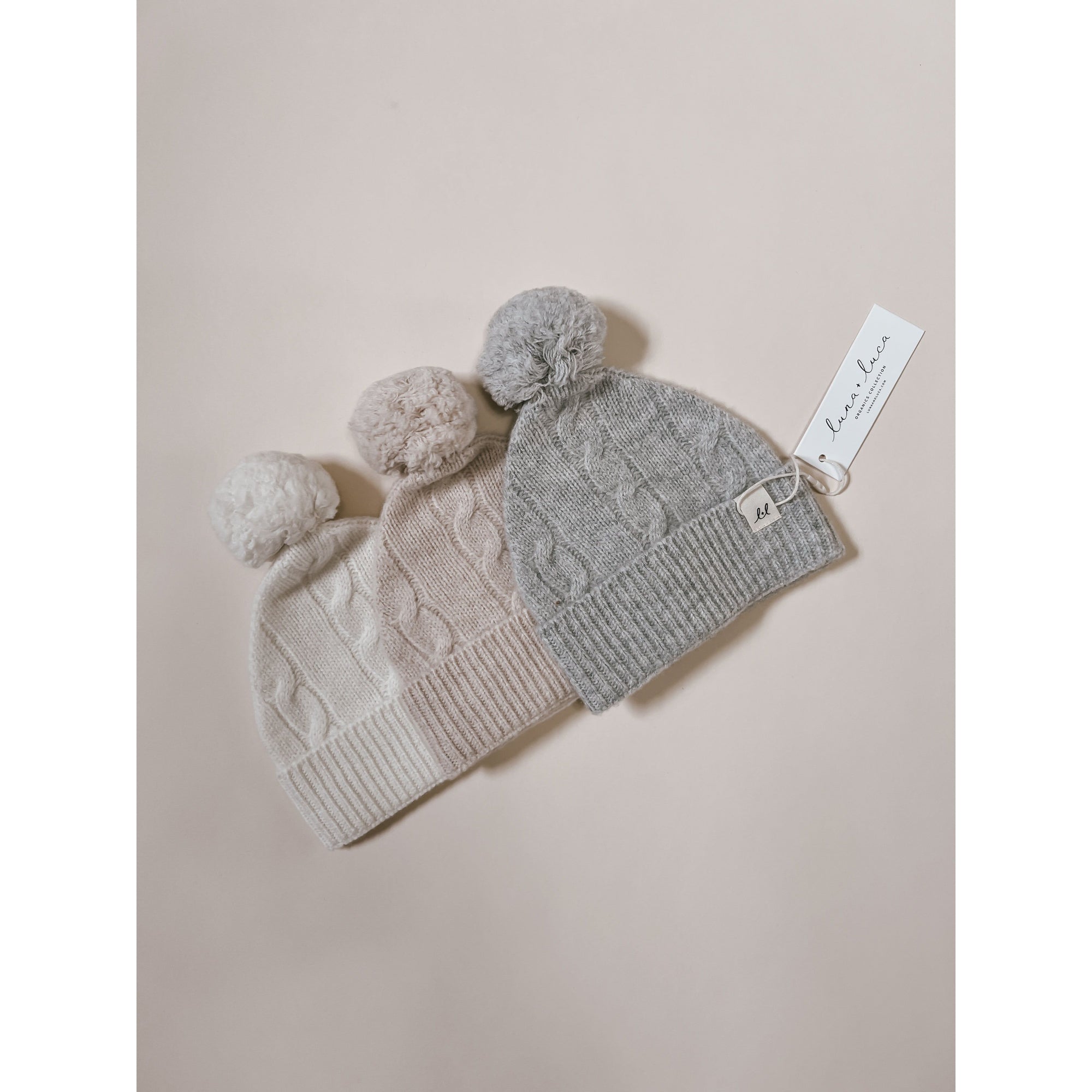 Luna + Luca Cable Knit Pom Beanie - Heather Gray