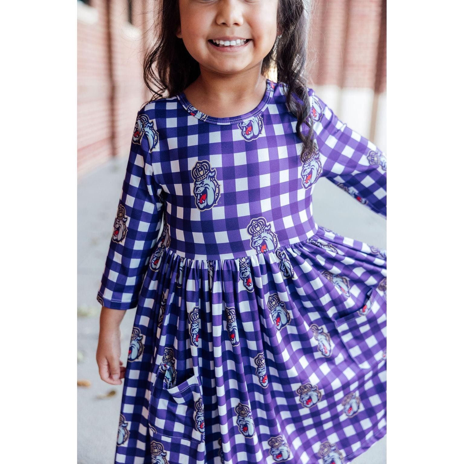 JMU Plaid Duke Dog 3/4 Sleeve Pocket Twirl Dress