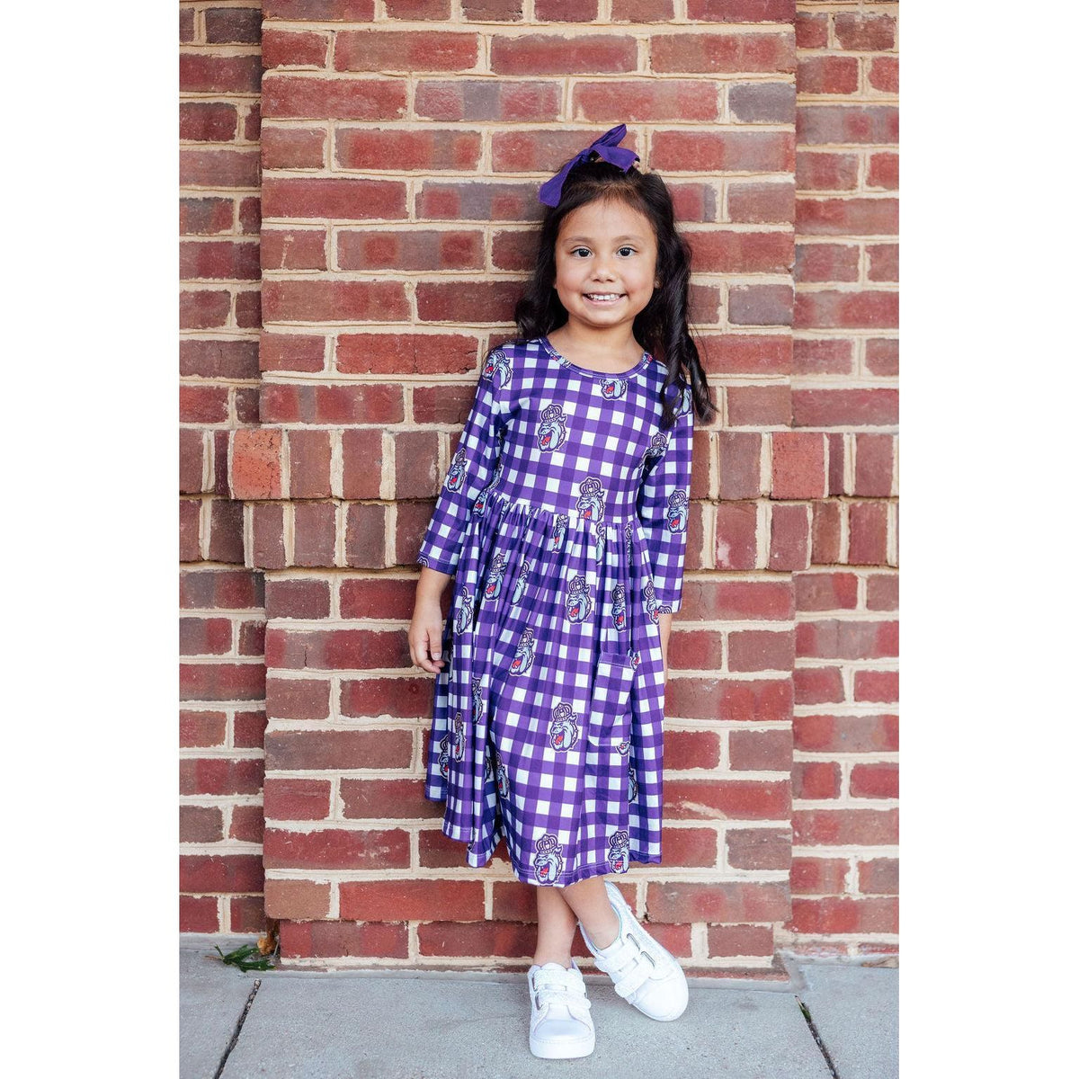 JMU Plaid Duke Dog 3/4 Sleeve Pocket Twirl Dress