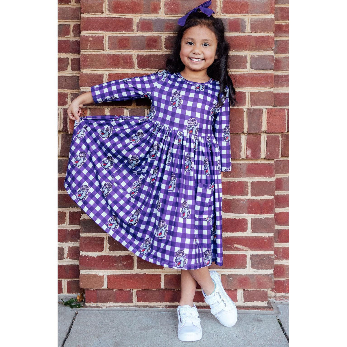 JMU Plaid Duke Dog 3/4 Sleeve Pocket Twirl Dress