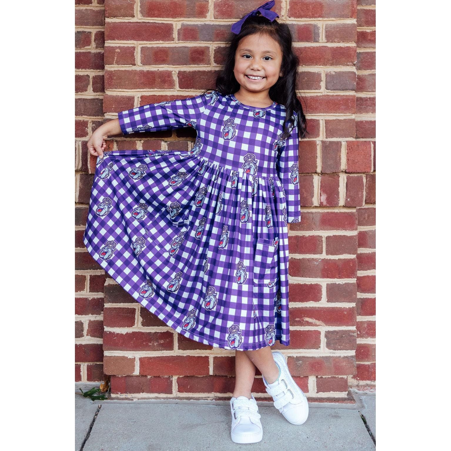 JMU Plaid Duke Dog 3/4 Sleeve Pocket Twirl Dress