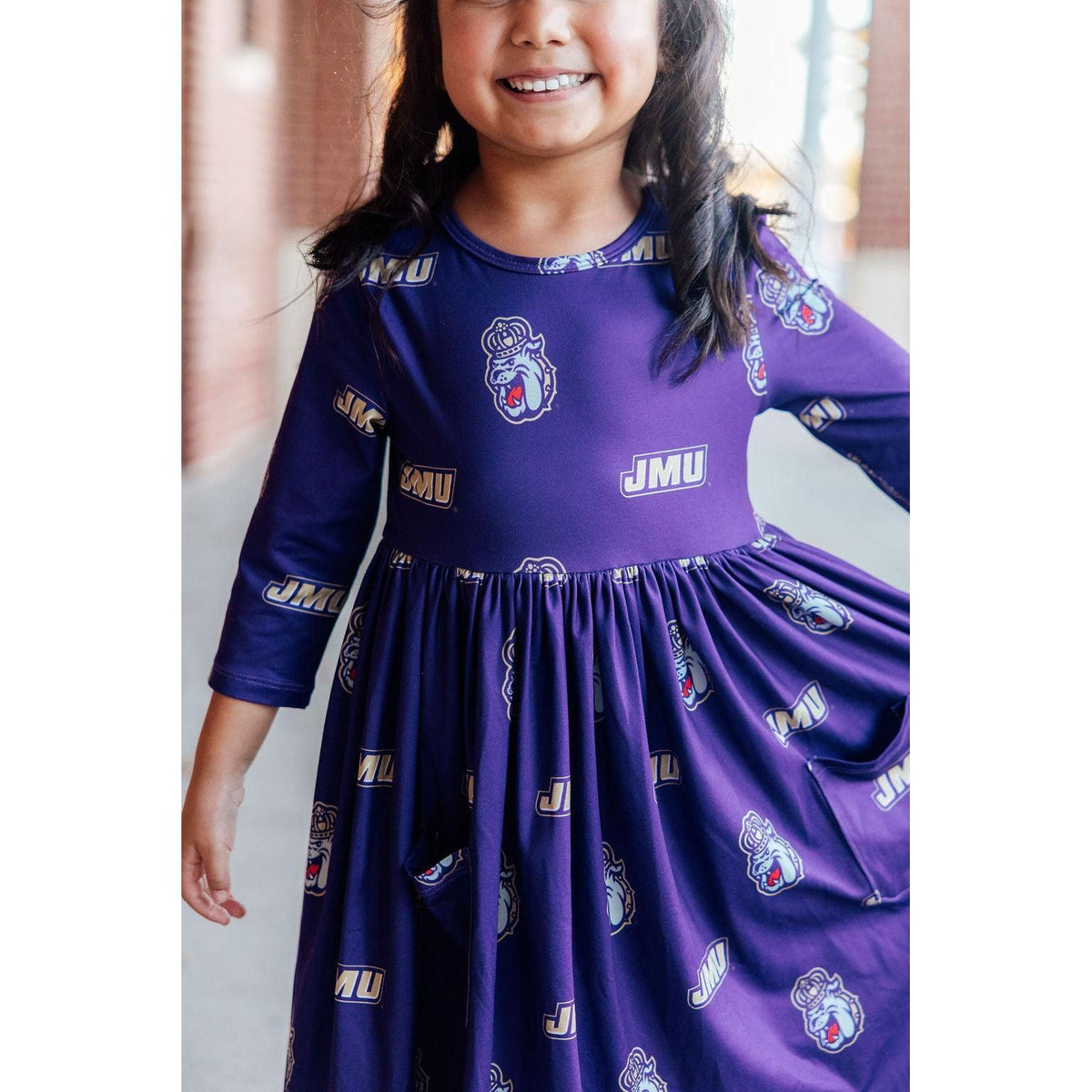 JMU Purple Duke Dog 3/4 Sleeve Pocket Twirl Dress