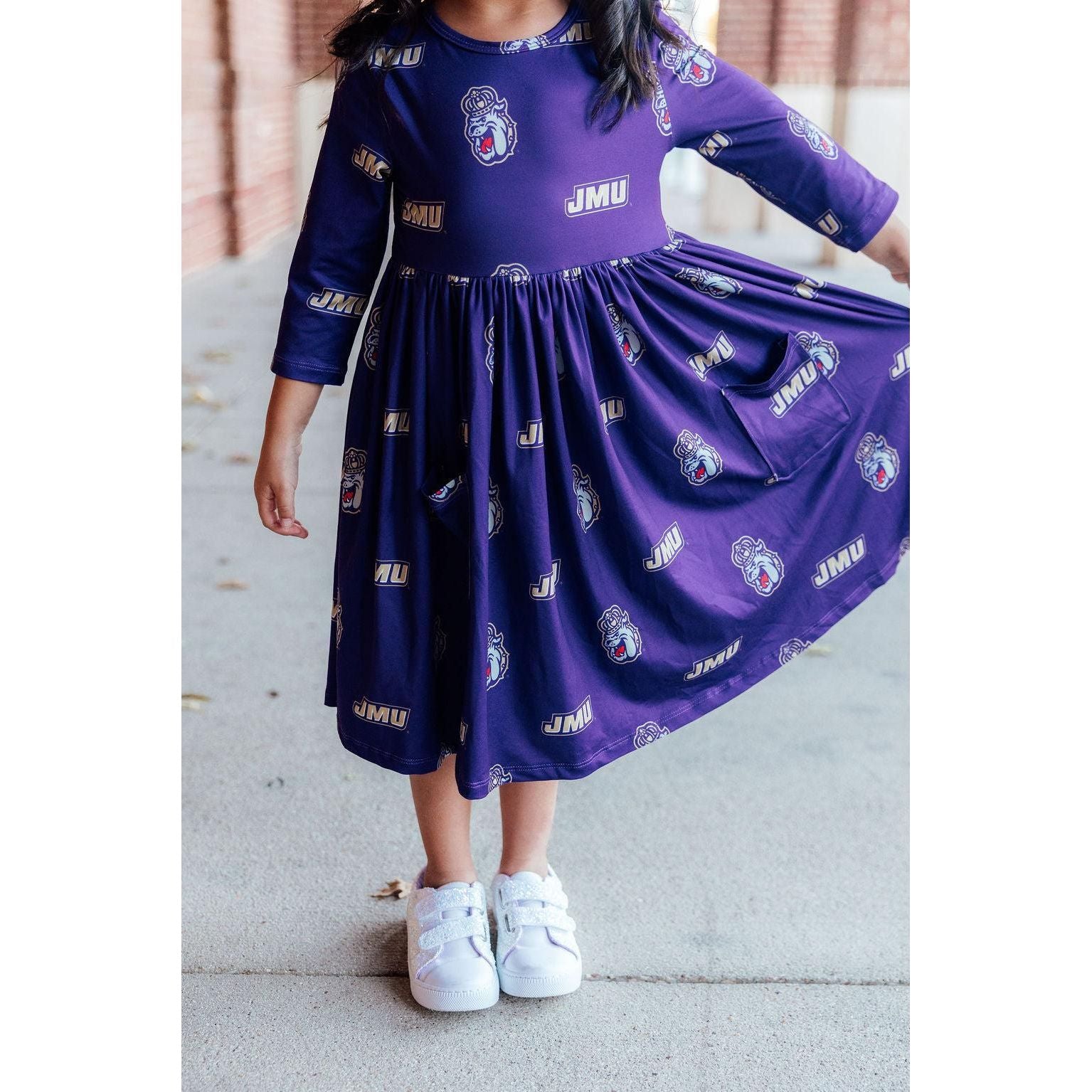 JMU Purple Duke Dog 3/4 Sleeve Pocket Twirl Dress