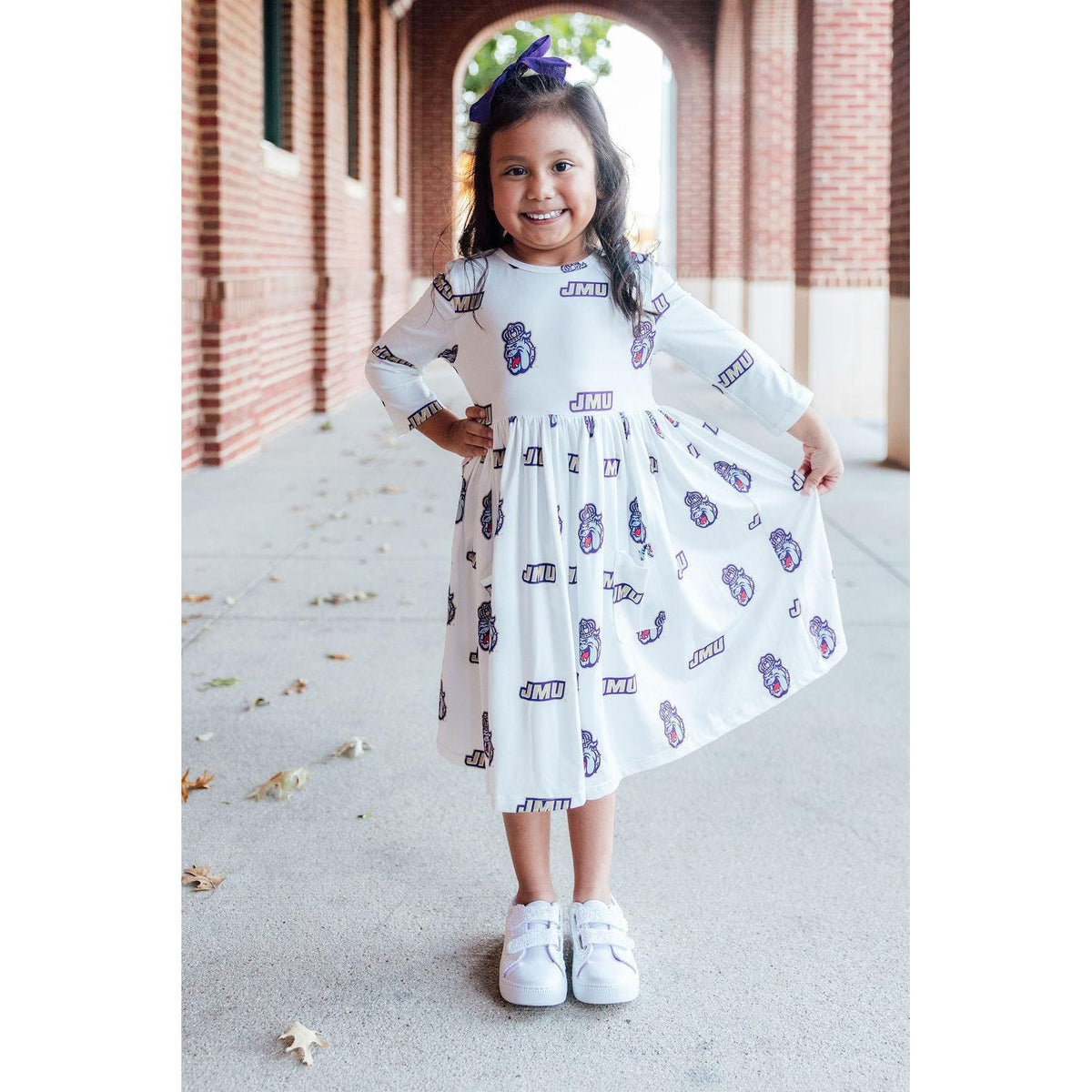 JMU White Duke Dog 3/4 Sleeve Pocket Twirl Dress