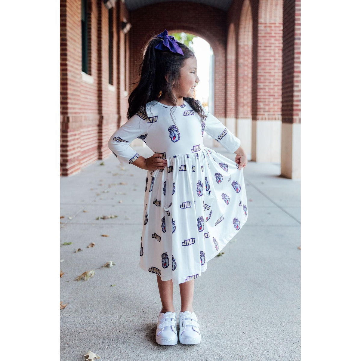 JMU White Duke Dog 3/4 Sleeve Pocket Twirl Dress
