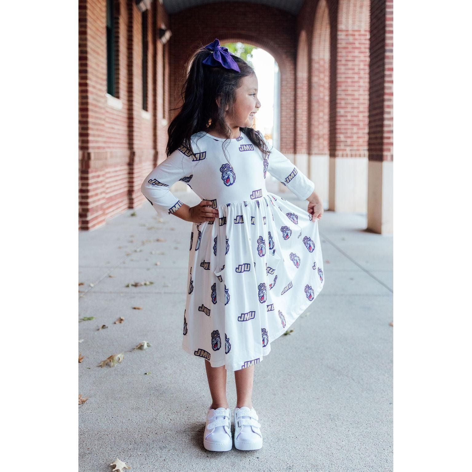 JMU White Duke Dog 3/4 Sleeve Pocket Twirl Dress