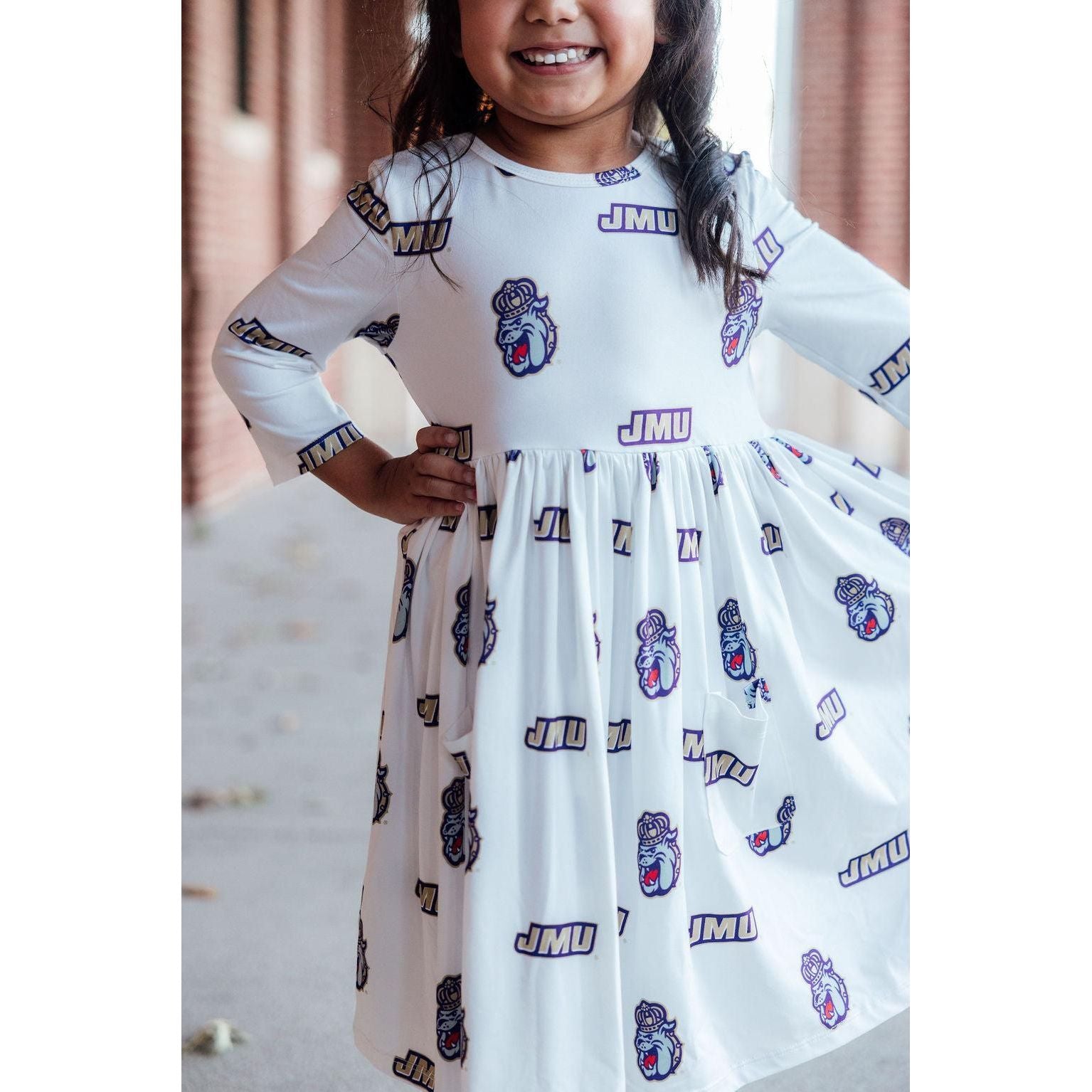 JMU White Duke Dog 3/4 Sleeve Pocket Twirl Dress