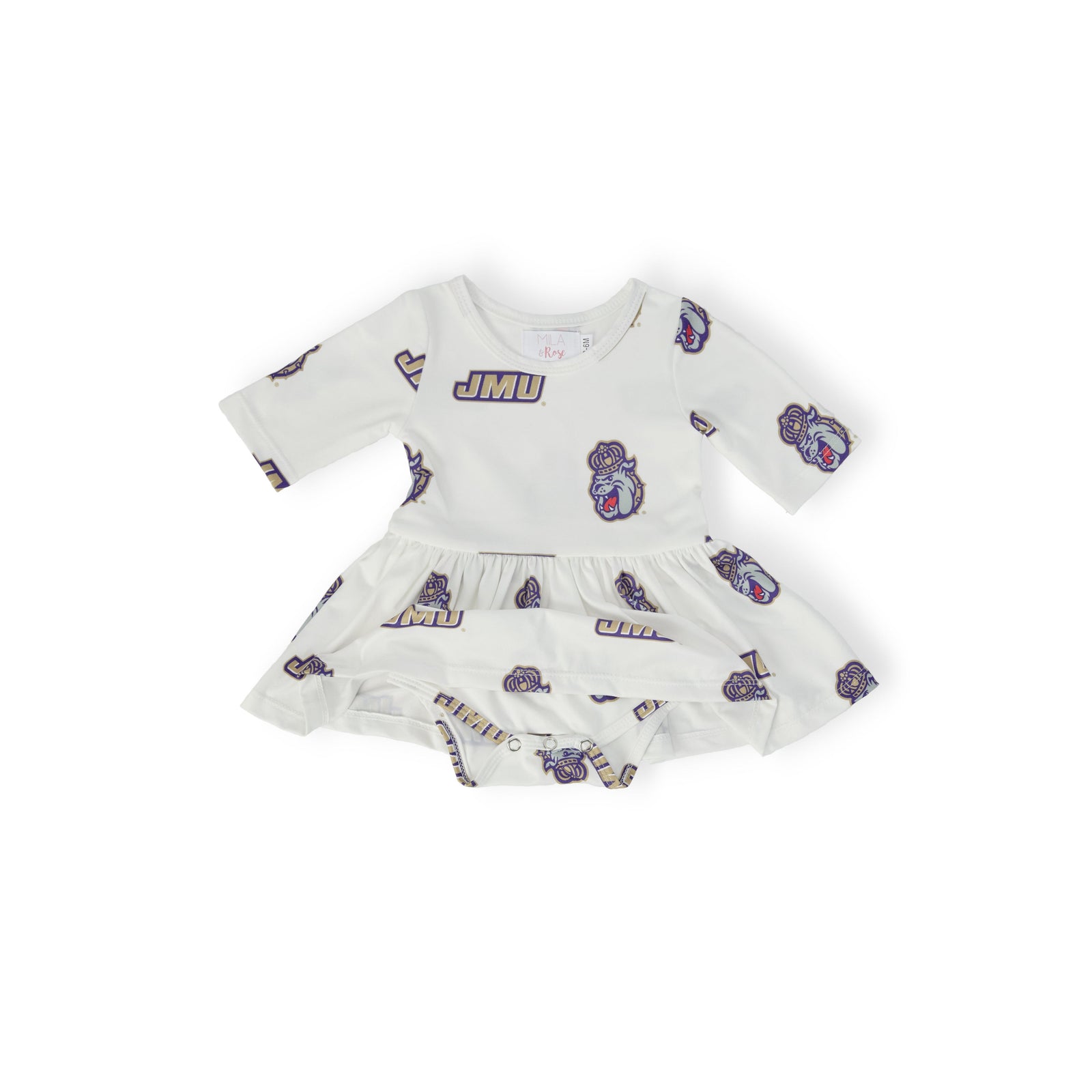 JMU White Duke Dog 3/4 Sleeve Twirl Bodysuit
