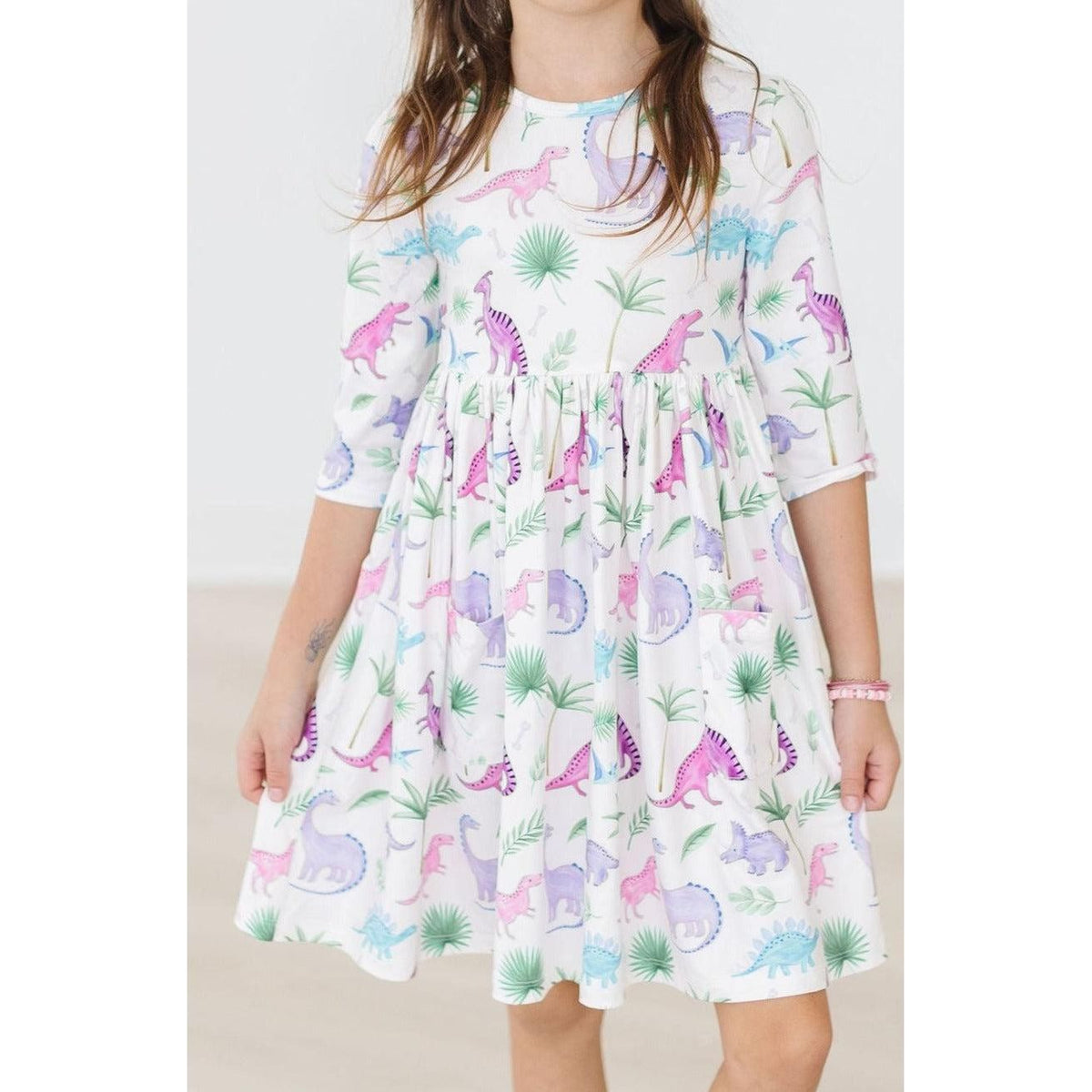 Dino Darling 3/4 Sleeve Pocket Twirl Dress