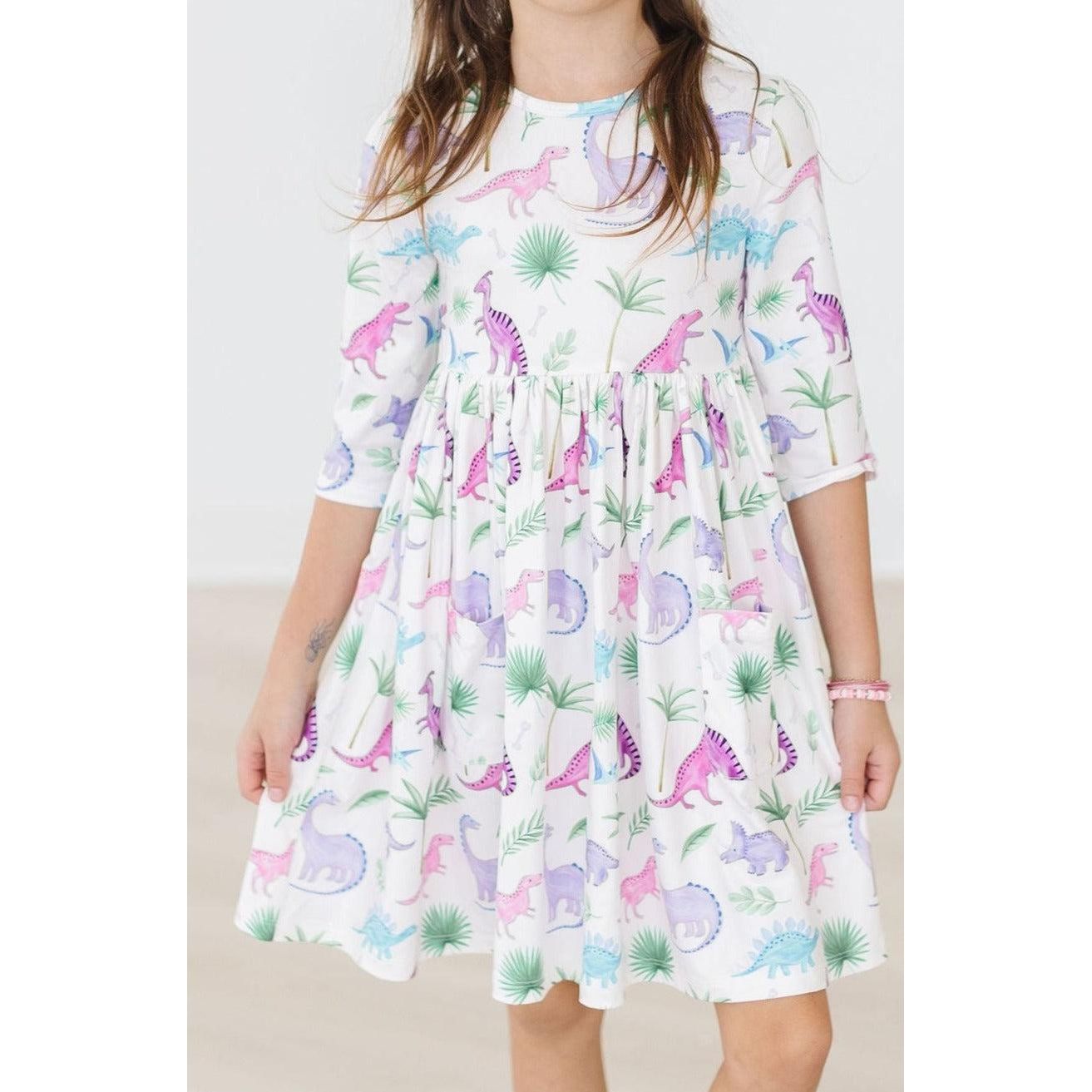 Dino Darling 3/4 Sleeve Pocket Twirl Dress