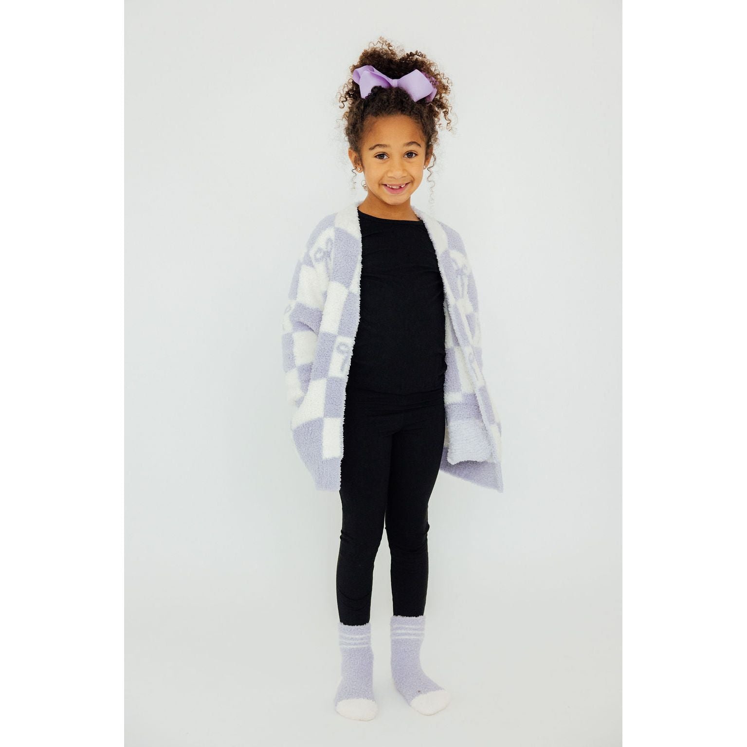 Lavender Checker Bow Cozy Cardigan