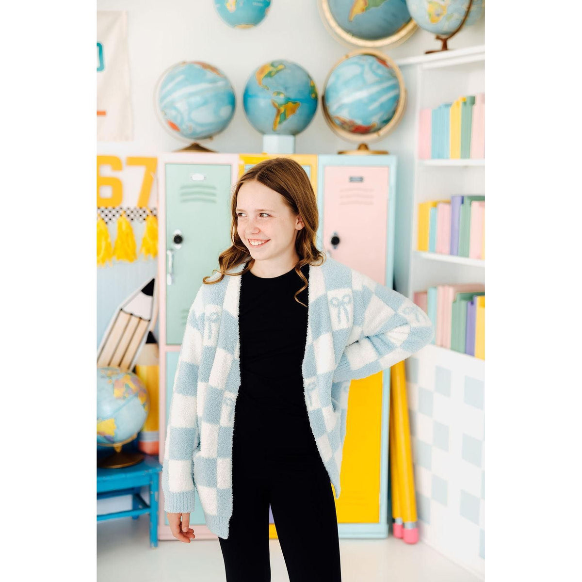 Light Blue Checker Bow Cozy Cardigan