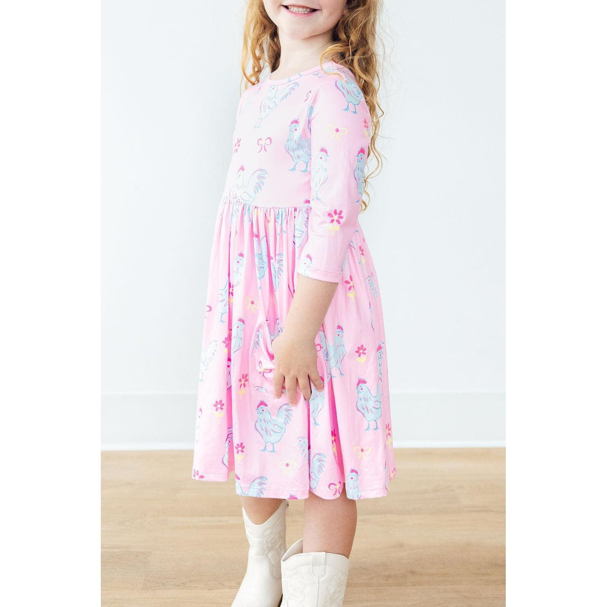 Little Miss Chickie 3/4 Sleeve Pocket Twirl Dress