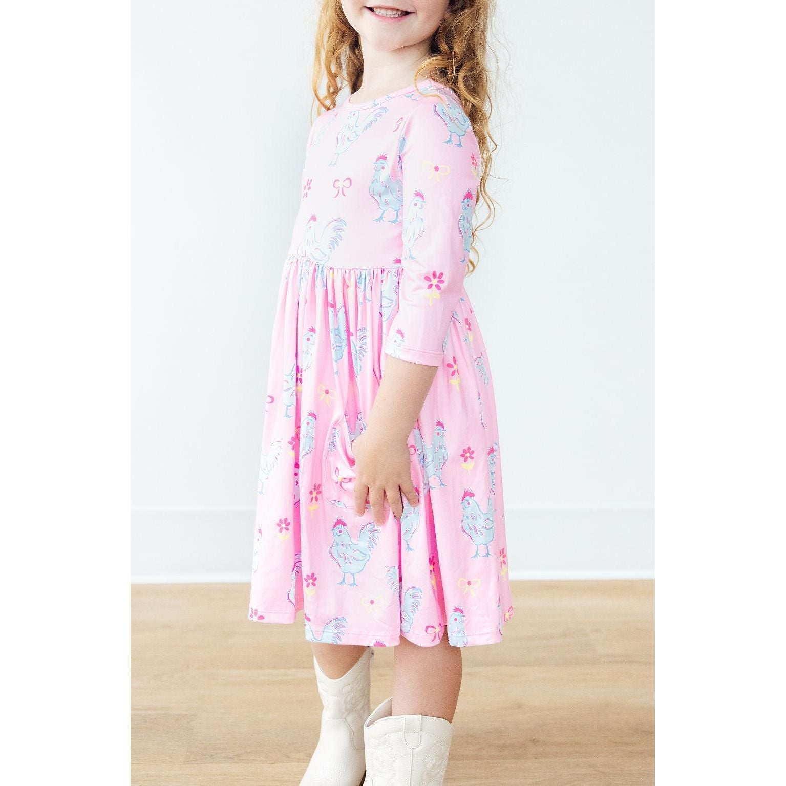 Little Miss Chickie 3/4 Sleeve Pocket Twirl Dress
