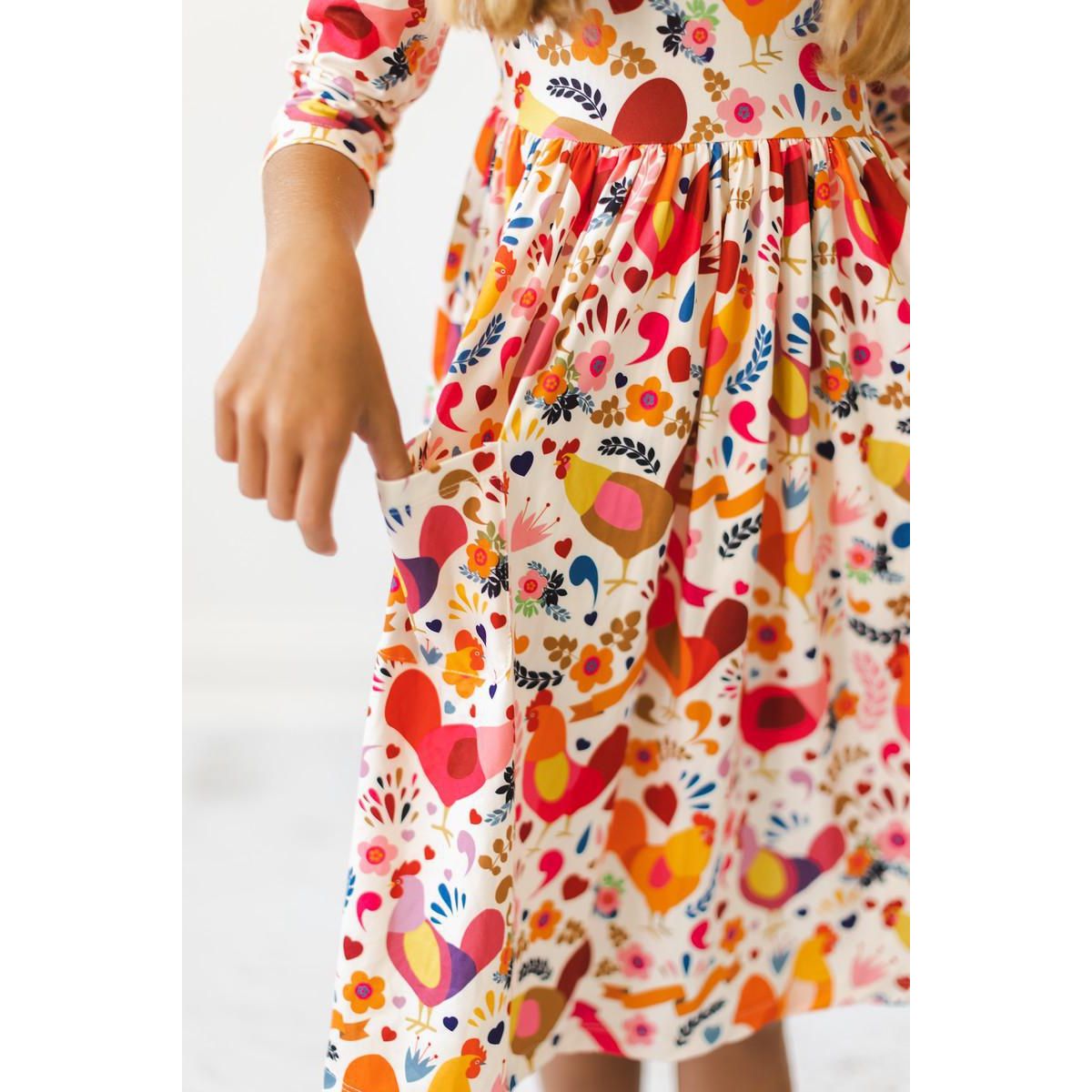 Little Red Hen 3/4 Sleeve Pocket Twirl Dress