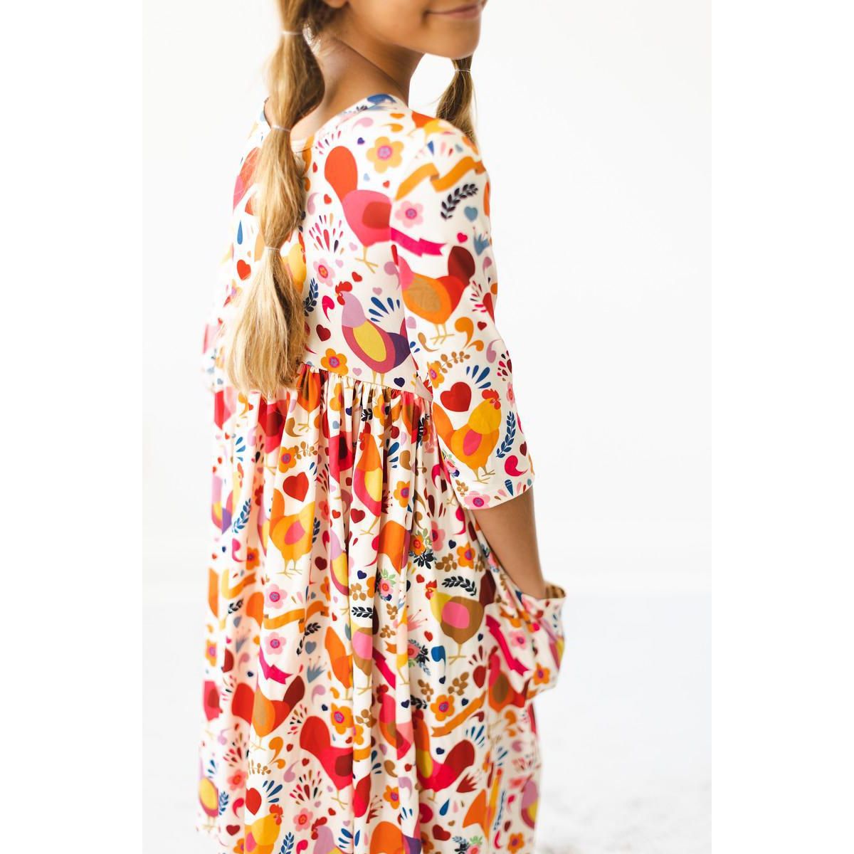 Little Red Hen 3/4 Sleeve Pocket Twirl Dress