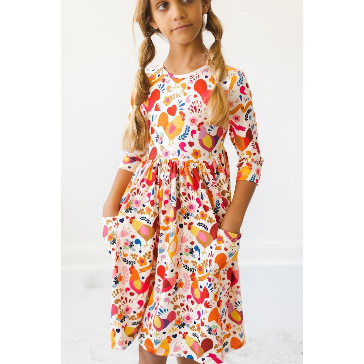 Little Red Hen 3/4 Sleeve Pocket Twirl Dress