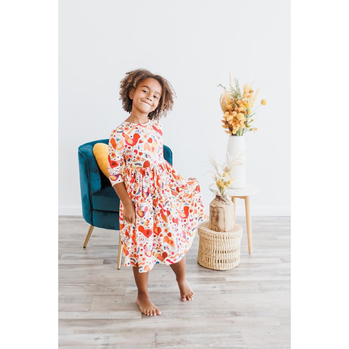Little Red Hen 3/4 Sleeve Pocket Twirl Dress