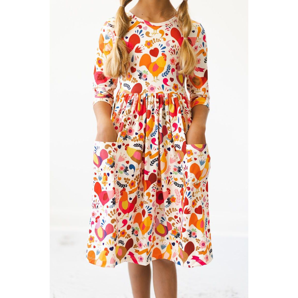 Little Red Hen 3/4 Sleeve Pocket Twirl Dress