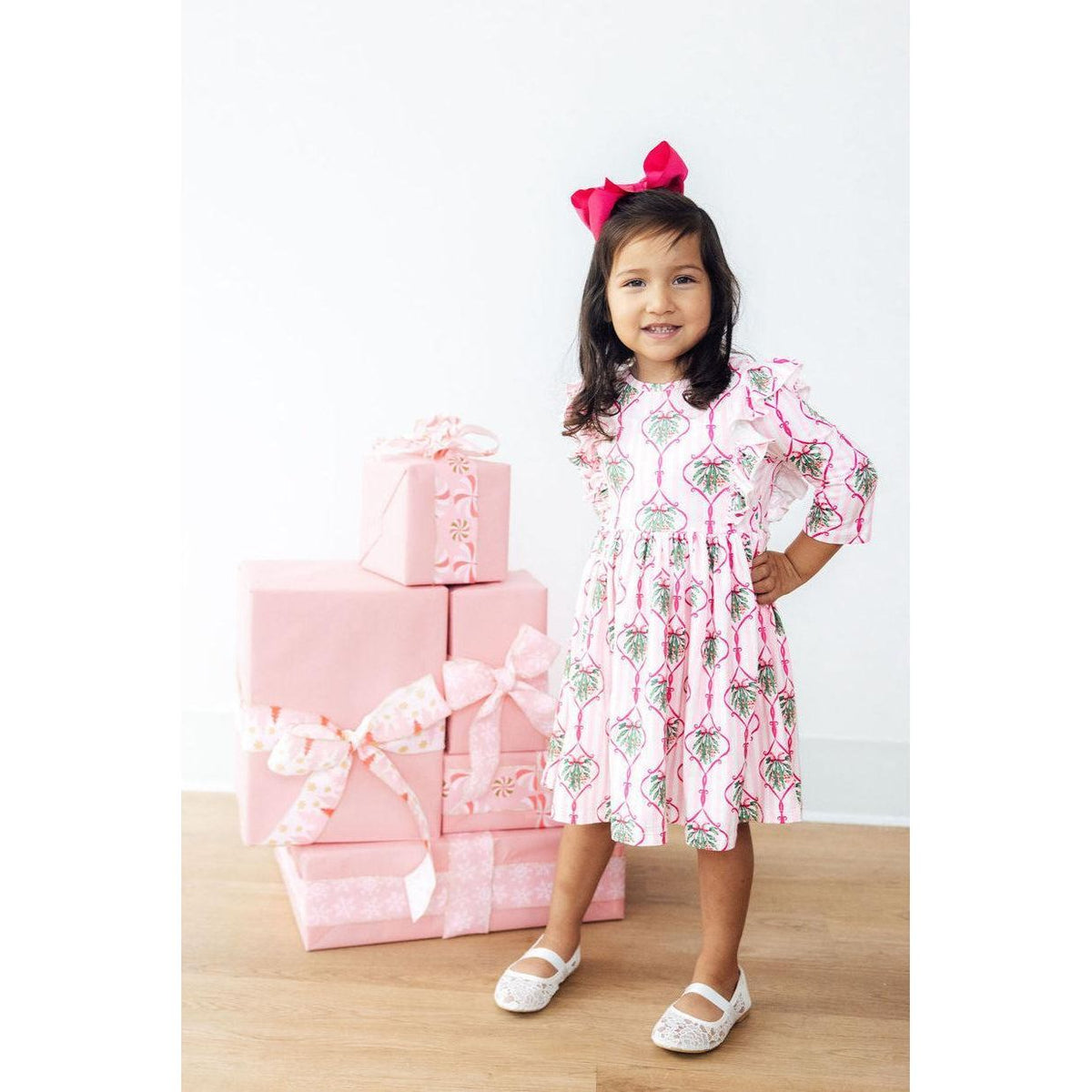 Merry Mistletoe 3/4 Sleeve Ruffle Twirl Dress