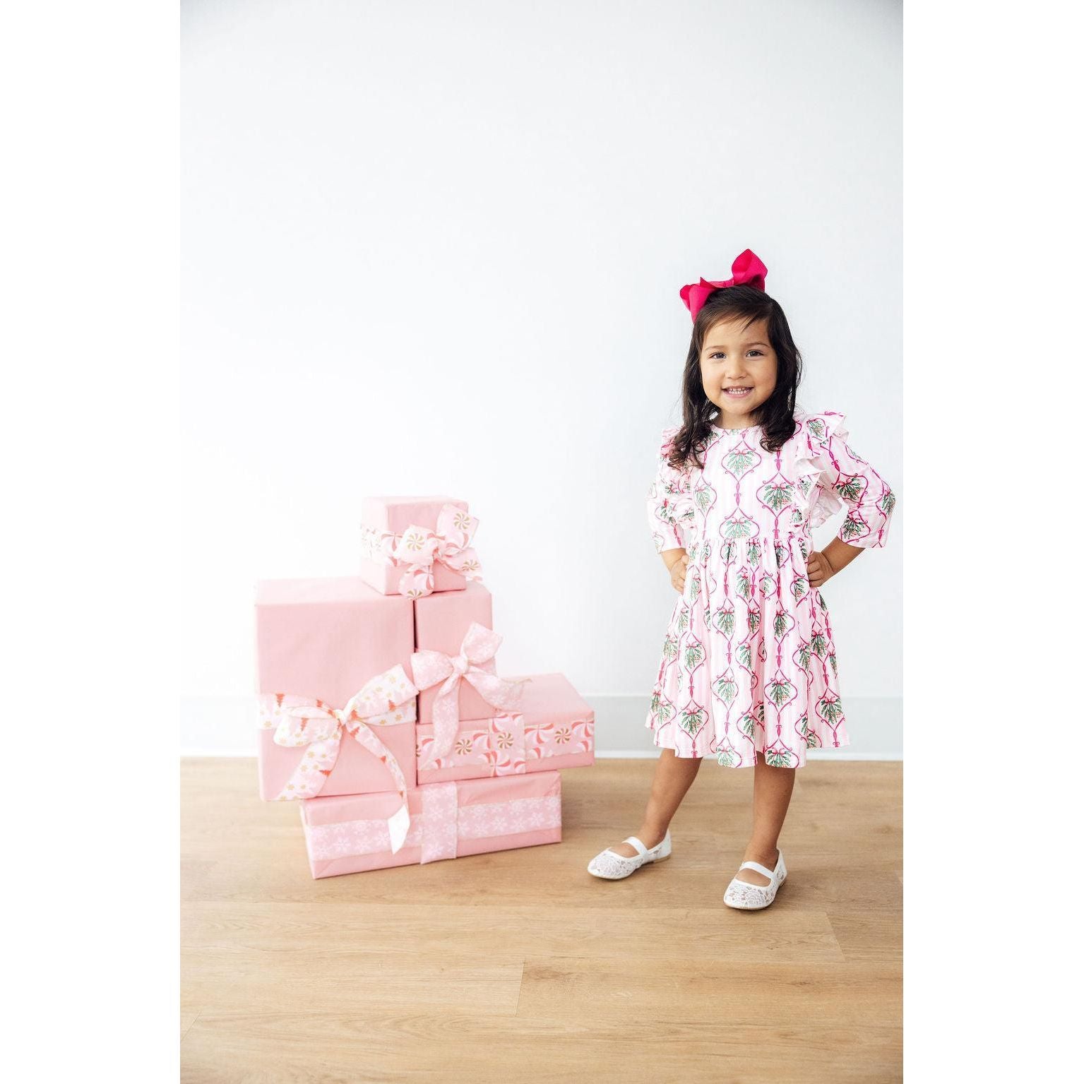 Merry Mistletoe 3/4 Sleeve Ruffle Twirl Dress
