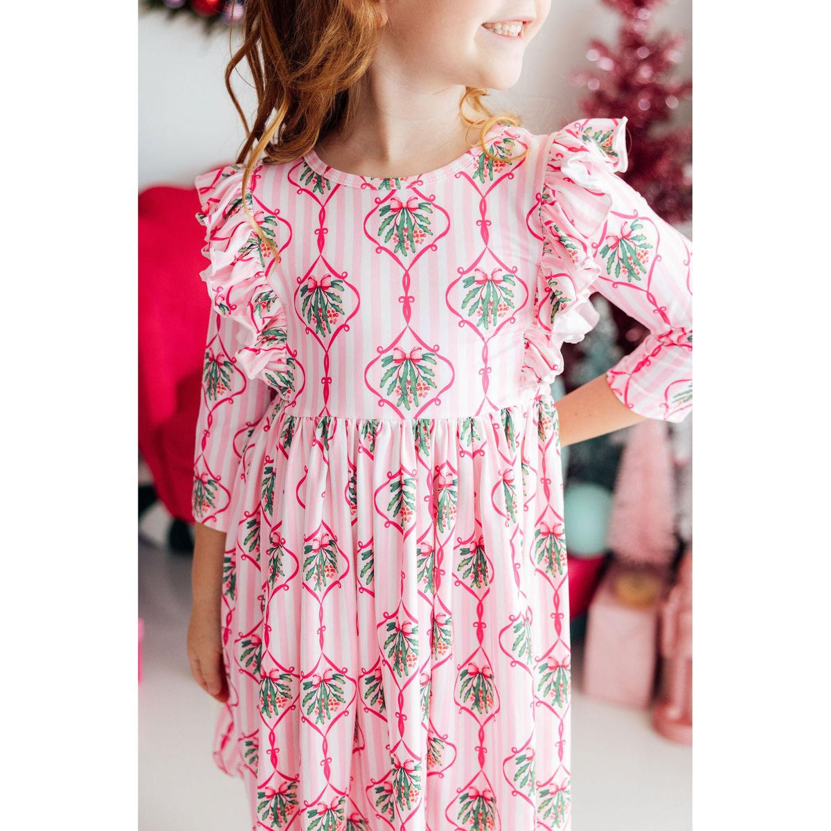 Merry Mistletoe 3/4 Sleeve Ruffle Twirl Dress