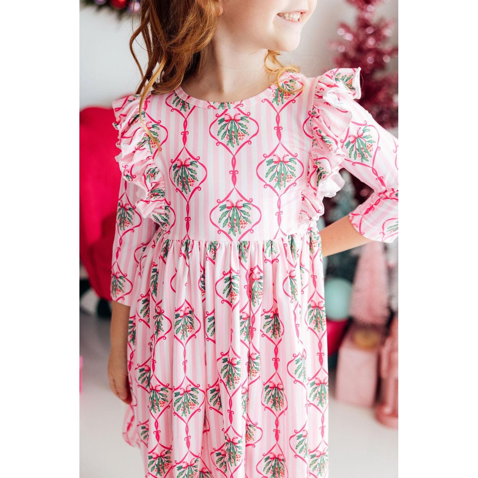 Merry Mistletoe 3/4 Sleeve Ruffle Twirl Dress