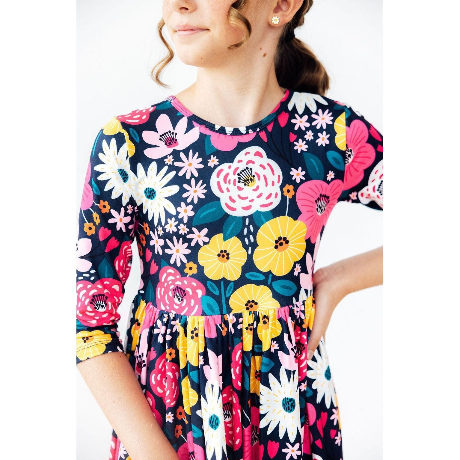 Midnight Floral 3/4 Sleeve Pocket Twirl Dress