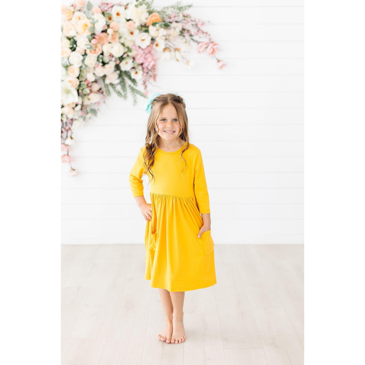 Mustard 3/4 Sleeve Pocket Twirl Dress