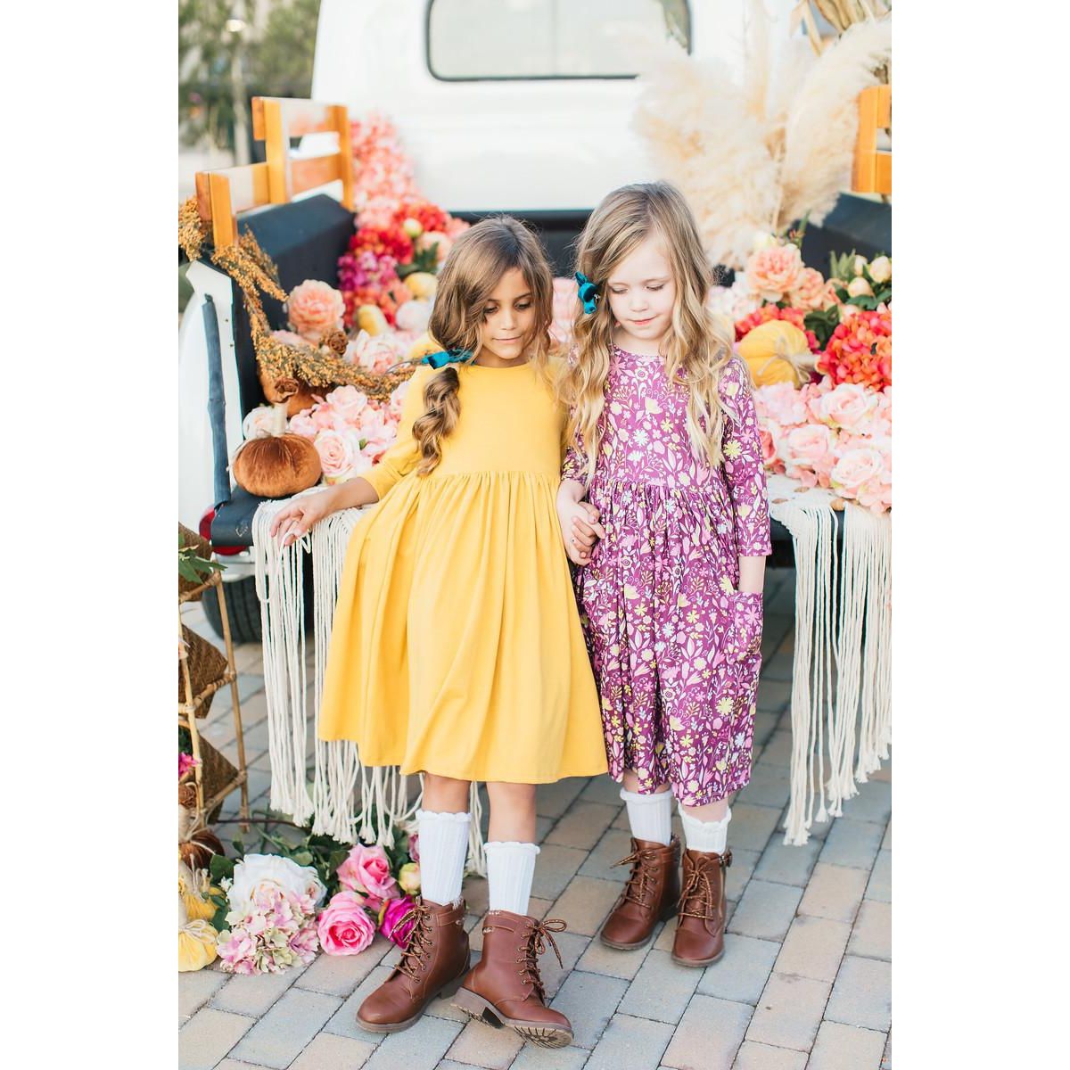 Mustard 3/4 Sleeve Pocket Twirl Dress