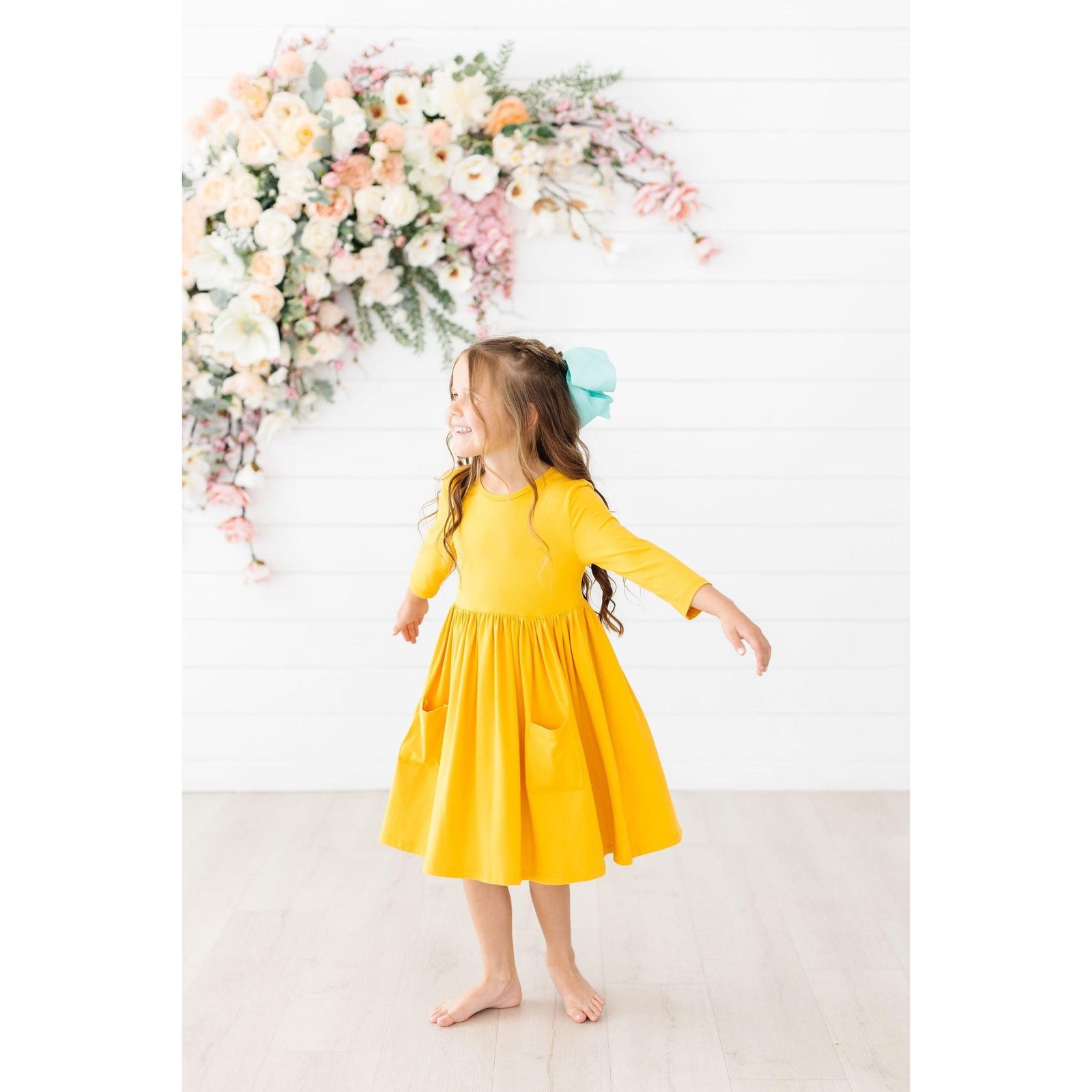 Mustard 3/4 Sleeve Pocket Twirl Dress