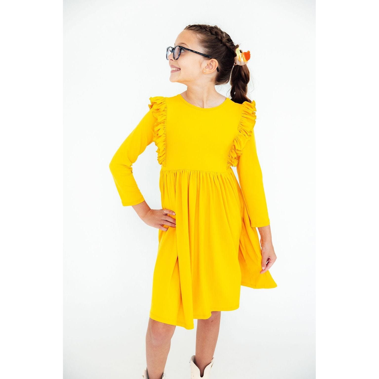Mustard L/S Ruffle Twirl Dress