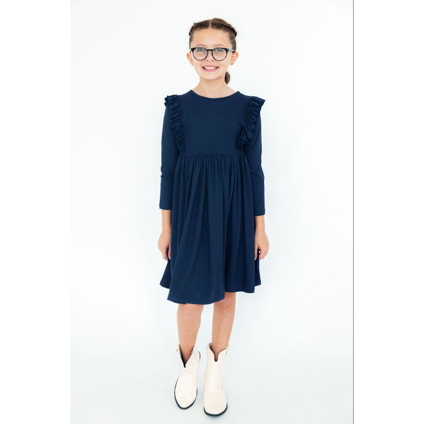 Navy L/S Ruffle Twirl Dress