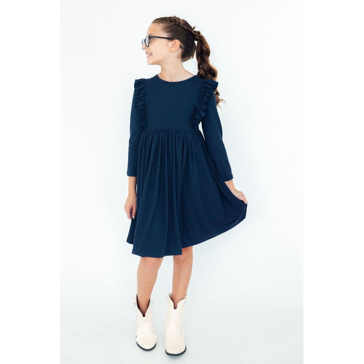 Navy L/S Ruffle Twirl Dress