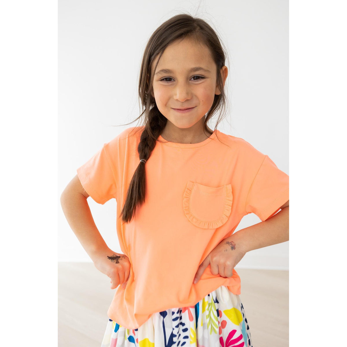 Neon Coral Ruffle Pocket Tee